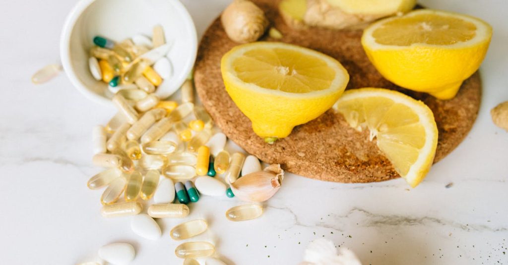 Sliced lemons and various supplements on a corkboard, symbolizing natural health remedies.